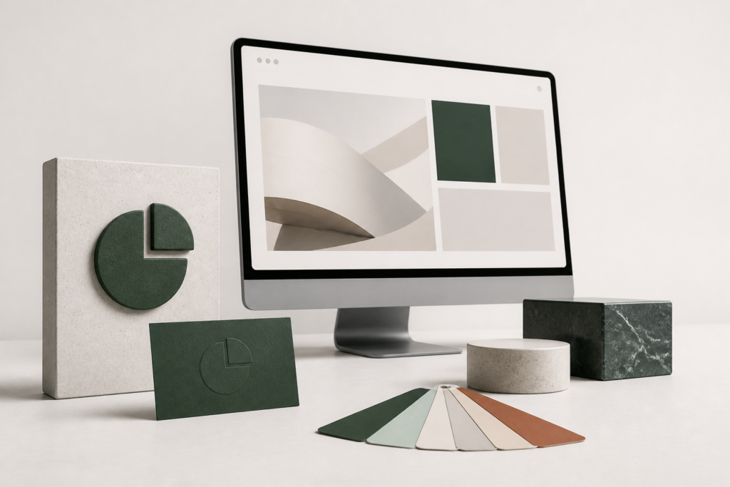 Nowoczesny render 3D przedstawiający odświeżenie identyfikacji wizualnej firmy