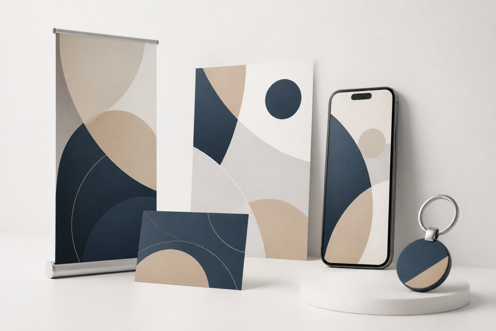 Spójne materiały reklamowe firmy pokazane jako nowoczesny render 3D