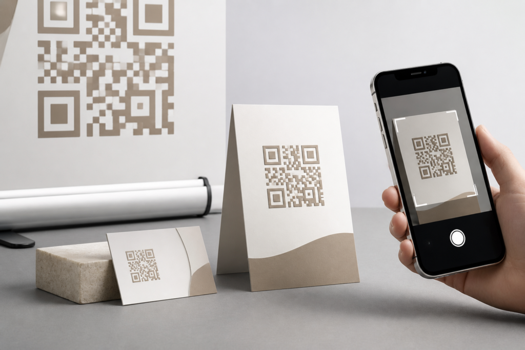 Kod QR na ulotce, wizytówce i banerze ułatwiający kontakt klienta z firmą